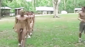 Multiple twinks exercising nude & giving blowjobs outside