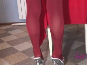 Red glossy pantyhose
