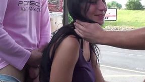 Wild outdoor threesome with busty babe at bus stop