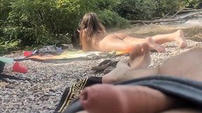 Skinny babe saw him jerking off next to her and touched herself as well
