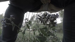 Pissing in the forest mature bbw milf with a big bush on her pussy. POV.