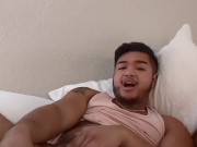Vocal trans man orgasms through boxers with toys (massage gun and dildo)