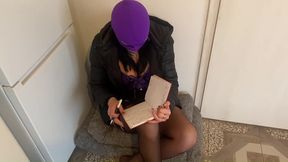 masked secretary blowjob – double cum on my purple mask & downjacket
