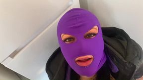 masked secretary blowjob – double cum on my purple mask & downjacket