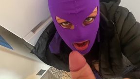 masked secretary blowjob – double cum on my purple mask & downjacket
