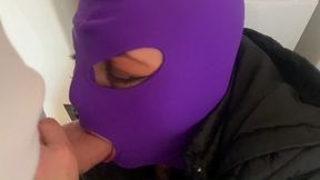 masked secretary blowjob – double cum on my purple mask & downjacket