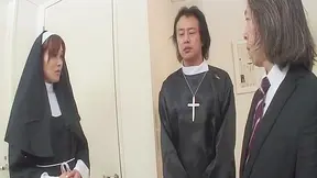 Nun Hitomi Kanou shares her hot cunt with two horny priests