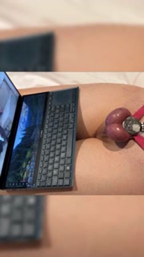beta cuckold watching his girlfriend on the screen while she ruin his orgasm in chastity