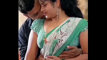 Romantic boobs press in green saree