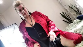 Mature Slut Wife in a red satin negligee, with a ponytail on her head and a dick in her mouth ...))