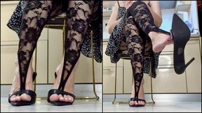 Black Lace Tights, Black Stiletto Heels Tease & Dangling
