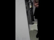 TS cum in chastity cage in dressing room