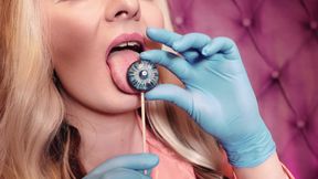 ASMR: blue nitrile gloves and candy sucking, wearing pink PVC coat, girl in braces  (Arya Grander)