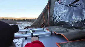 Mountain girl shows off rooftop tent set up and light up butt plug