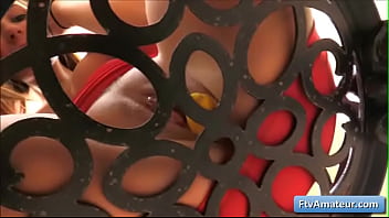 Natural busty teen amateur Aveline with pierced nipples fuck her shaved pink wet pussy with big banana