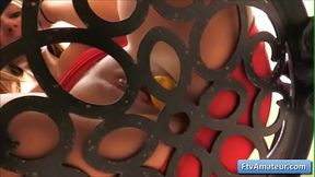 Natural busty teen amateur Aveline with pierced nipples fuck her shaved pink wet pussy with big banana