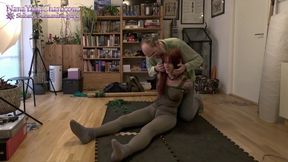 Girl In Armbinder Tie And Crotch Rope Suspended And