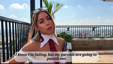 A naughty student seduces her teacher to pass the course and spreads her legs for him.