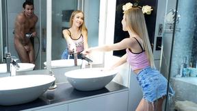 ”Tiny blonde teen step sister pranks huge dick step brother & fucks him”