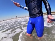 Men and women on the beach get horny seeing my cock in wet spandex