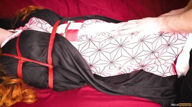 Nezuko’s plump tits squished as she gags with that thick leash choking her