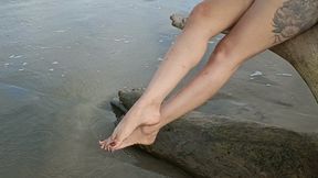 Some big legs crossed on the shore of a beach (4)