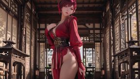 Purple-haired War Maiden in High-slit Kimono, Kneeling to Tease Your Eyes with a Fiery Gaze and a Wet, Forbidden Whisper.