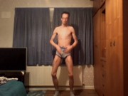 Very skinny boy shows off ribs and flexes his bones while masturbating