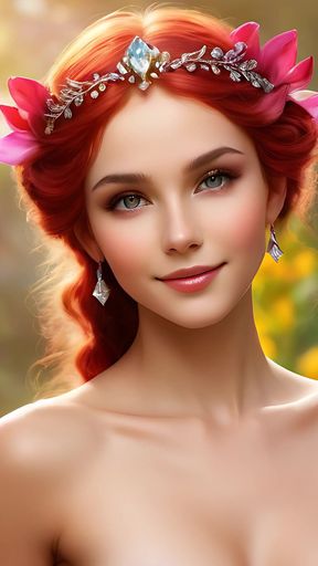 Smiling Nude Woman Holding Freesia, Adorned in Garnet-crimson Diamond Jewelry - Elegant Ai Slideshow