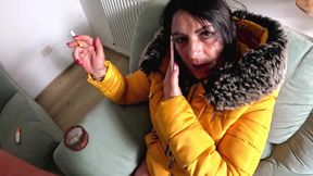 Smoking Phone Call Downjacket. Noisy Hooded Blowjob and Cum on My Coat
