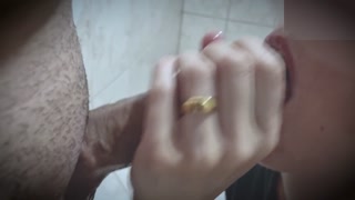 Married cleaning lady secretly gives a blowjob to her boss's son.