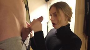 Pretty blonde wearing black dress does handjob and sucks dick in front of the camera