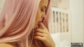 Shy pink hair student dancing naked with stuffed toy