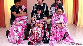 Rare Japanese Orgy with three cute JAV Teens with Hairy Pussy