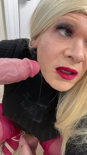 Sissy Transgender Sexy Femboy Crossdressing Slut Sucks Cock and Talks to MILF Stepmom About How She Will Show Him How to Give BJ