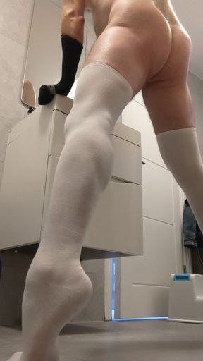 Stretching legs and cock after sweaty workout session
