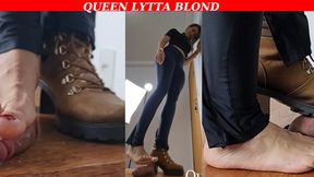 Queen Lytta Blond - CBT EP 7 - Sexy Shoejob Footjob and step on his cock until he bust on her feet - 2 angles - CBT - COCK TRAMPLING - FOOT DOMINATION - FOOT HUMILIATION - BALLBUSTING - COCK SQUEEZE - FOOT FETISH - SOLES - COCK STOMP - FEMDOM - 720p