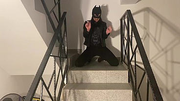 Batman Mask Blowjob on the Stairs – Cum on My Mouth & Mask