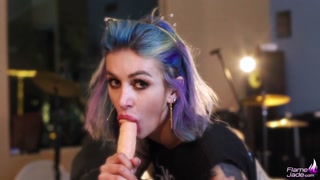 Rock Musician Girl Blowjob Big Dildo at the Studio and Facial Closeup