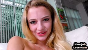 HJ loving teen jerks hard POV oiled cock while talks dirty
