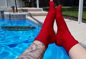 Sock Feet make a Splash: Soaking Wet Soles Close Ups and a Bare Foot Reveal at the Poolside!