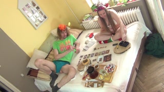 Board game time. Hanamikoji. Real couple playing at home, naked pussy 1/2