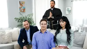 Horny stepmom gets double teamed by two hung guys in wild threesome fuck fest