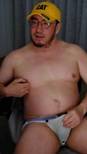 Piggy Asian Panda Bear Pissing Cumming in Worn White Jockstraps in Office at Daddies Orders