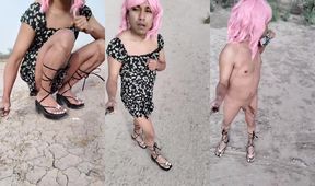 Beautiful trans woman in mini dress heels barefoot streaks public undress big ass fucking