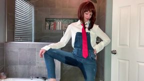 uraraka ochako wetting her blue jean overalls