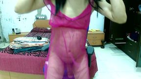 Sexy sissy crossdresser in cute pink babydoll with thong