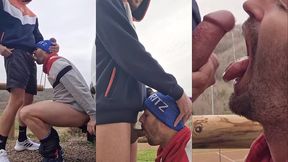 a guy sucks a big cock that ejaculates a big dose of sperm un his face outside