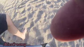 Stepsis sucks cock&#x1F346;, steps away, and steps back for explosive cum shot on beach.