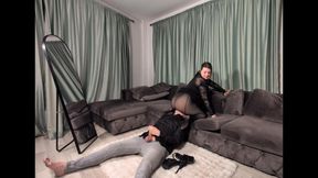 Miss Anna and Faith - Facesitting and ass sniffing in black pantyhose - side view